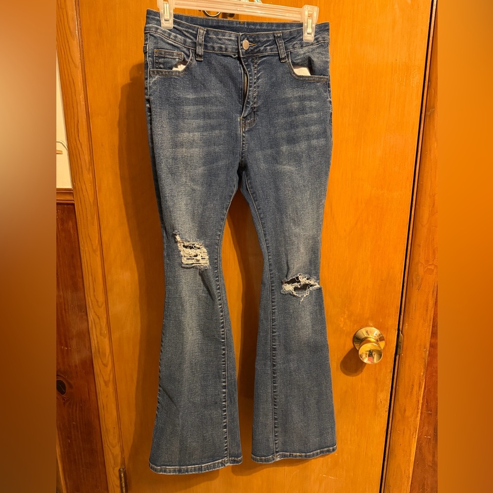 SHEIN Blue Flare Distressed Jeans